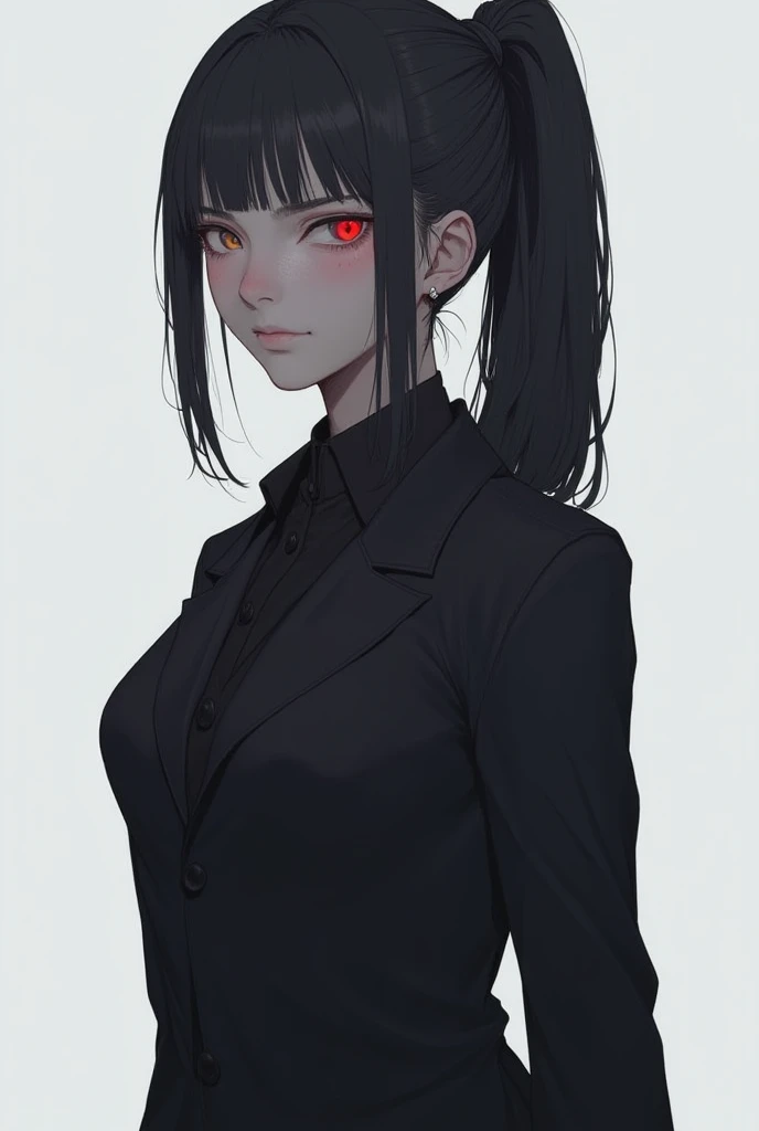 A woman with big black hair tied in a ponytail, She is a Japanese, She wears a modern black suit and a black shirt she is very pretty ,2D art ,Ala is a murderer ,  and has a married look, She's as pretty as Tomie,  wallpaper, HD, gray background ,blue eye ...