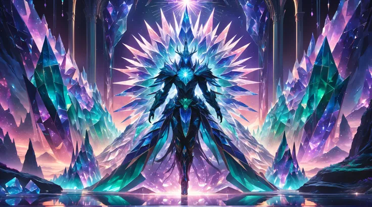 A surreal crystalline landscape glowing with ethereal light, towering geometric crystal structures in shades of sapphire, amethyst, and emerald, shards reflecting a kaleidoscope of colors, an enchanting figure with crystal armor and a staff radiating energ...