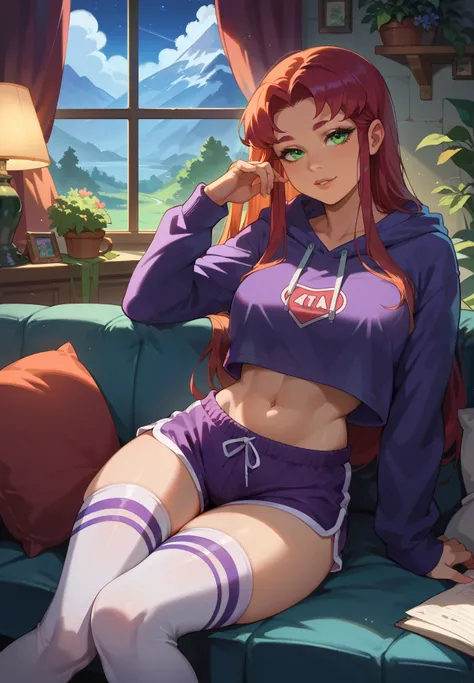 1girl, solo, Starfire,  Titans, sitting on a couch, hoodie, silk shorts, thigh highs, sexy pose, lustful, BREAK, night time, mountain cottage, cinematic lighting,