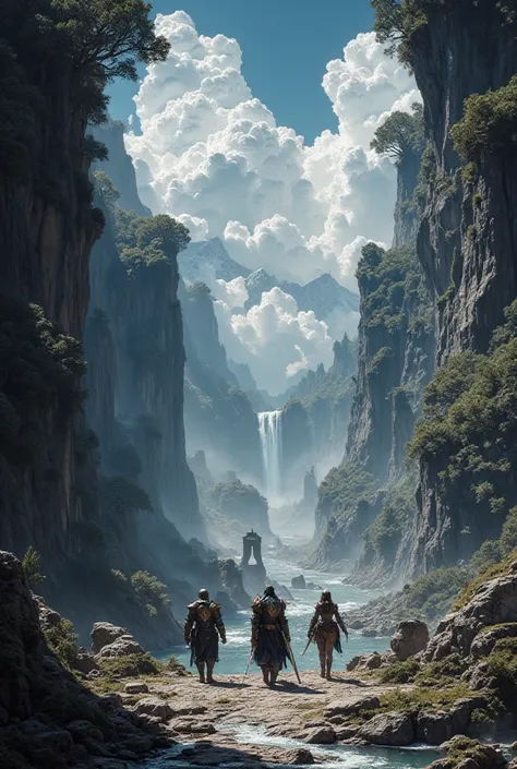  ( Fantasy )( A scene where a knight, a wizard, and a female swordsman walk through a huge deep cliff valley)( fantasy、Beautiful river、 ancient road along the river、forest、Stone tablet、Stone Gate、Stone statue、moss、ivy)(blue sky)(Aerial image )、  high resol...