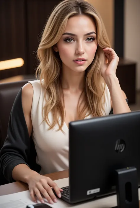  beautiful girl with long blond hair,  detailed eyes , nose, Lick your lips and ,  Professional Attire ,  Sitting in the Office ,  using a computer, HP Computer  ( top quality,4K,8k, high resolution,masterpiece:1.2), more details,( is present,photo is pres...