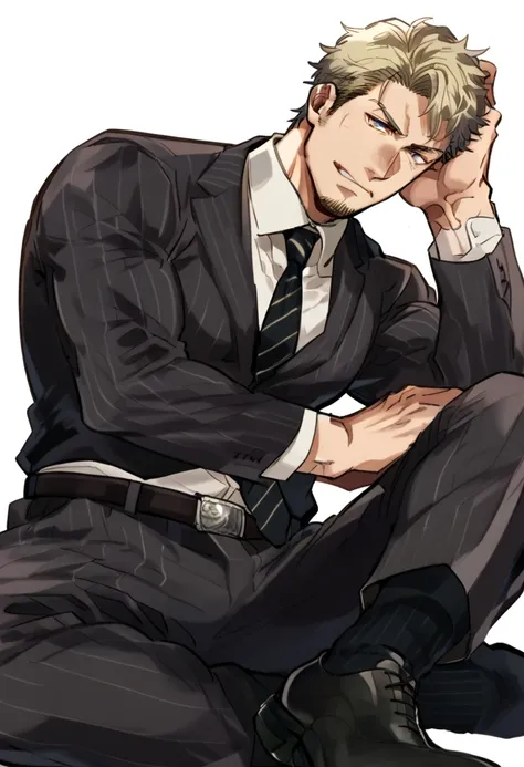 male focus, muscled male, solo, ikemen, mature, male only, swedish, blond, tough man, bold, eyes fix, flat chest, sturdy waist, 50 years old, office worker, collared shirt, tie, three piece suit, belt, slacks, tight clothes, whole body, sitting, invisible ...