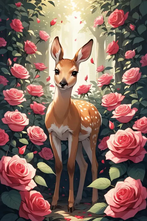 Best quality, masterpiece, ultra high res, a kawaii illustration of a fawn in roses, best quality, absurdres 