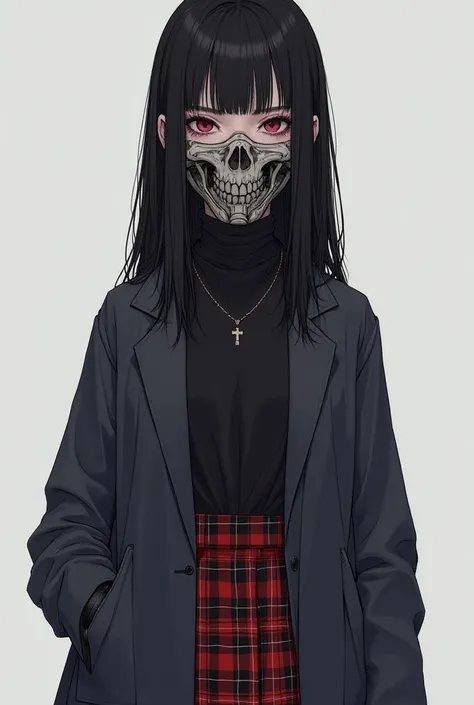 A woman with messy big black hair , She is a Japanese,  colored skirt she wears a coat with a headdress with a skull design wearing glasses,  black shirt she is very pretty ,She wears a black and red plaid skirt and she wears black tights,2D art ,Ala is a ...