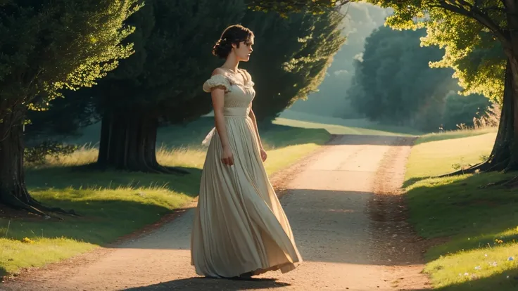 photorealistic and cinematic image of Keira Knightley as Elizabeth Bennet walking in the country, full body shot