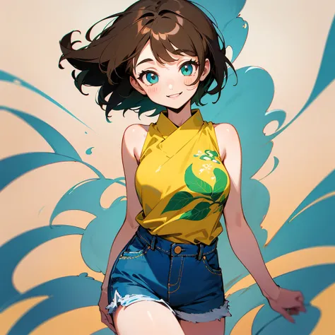 A young girl with short brown hair, wearing a yellow sleeveless shirt with a green leaf design and blue denim shorts. She has a cheerful and friendly expression, standing in a relaxed pose. The background is minimalistic white. The art style is clean and s...