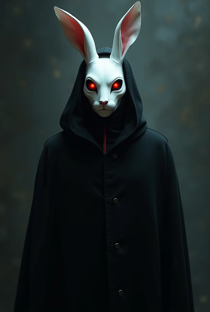 Create a photo based on a dark romance with a white rabbit mask and red eyes 