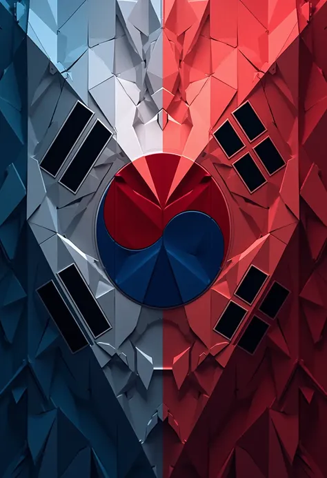 a beautiful detailed 3D render of the national flag of South Korea, geometric abstract art, ultra-detailed, vivid colors, dramatic lighting, cinematic composition, hyper-realistic, award-winning, digital art, intricate patterns, minimalist design, South Ko...