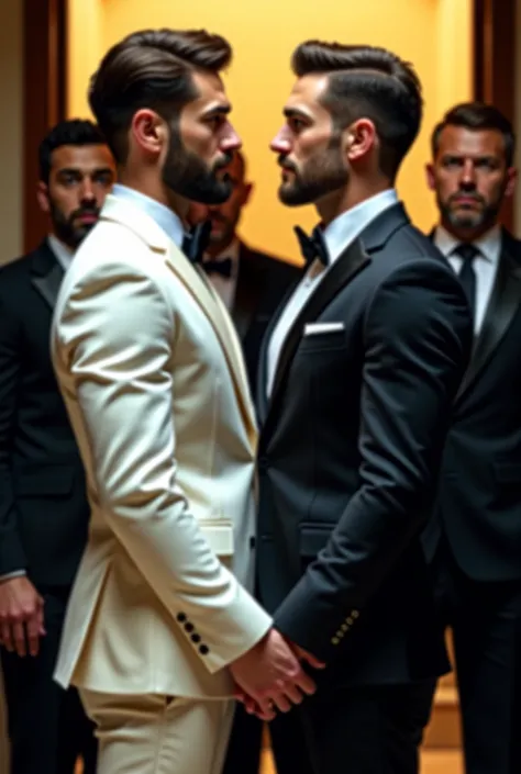 Attractive young man in full white suit with beard walking out the door holding hands with a mature man in a black suit and his bodyguards behind them. they look at each other with love 