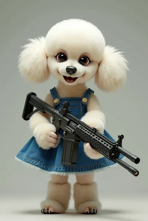 Angry small white French Poodle dog in denim dress shooting machine gun 