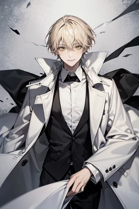  artwork,  alone, 1 man,  short hair,  blond hair,  yellow eyes, facial smile,  black and white shirt , black coat