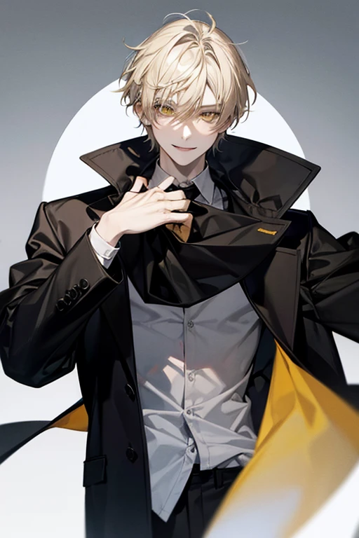  artwork,  alone, 1 man,  short hair,  blond hair,  yellow eyes, facial smile,  black and white shirt , black coat