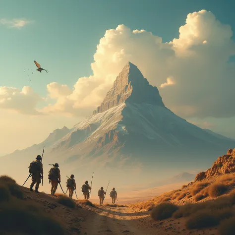 I want an imaginary background from another world, with soldiers falling on the ground, and a mountain in the middle of the picture engraved with youssef galal. I want it to be large and clear, and for the picture to be very realistic. Less
