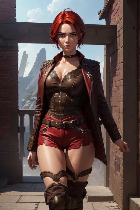 A beautiful woman with a red bob cut hairstyle, crimson colored hair, standing in a full body shot, wearing a short jacket, hot pants and bootyshorts, with a flirty expression and military bearing, giving off a pirate captain vibe on a starship, (best qual...