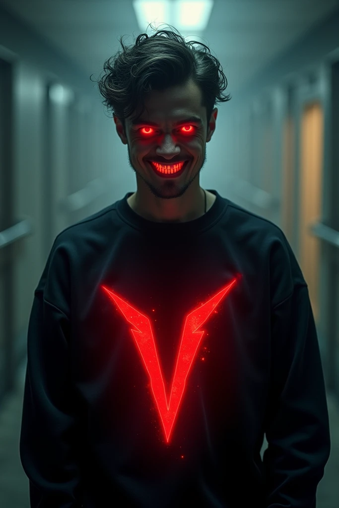  A 20-year-old man wearing a black sweatshirt with a red ray marked on his chest with eyes of a .EXE and a big smile that reflects all his evil  