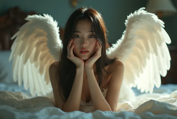 (best quality)), ((masterpiece)), (detailed), (realistic). Erotic Beautiful Chinese Innocent angel young woman long Straight hair with realistic big white angel wings smile Came love to me in the bed room from heaven looking at me romantically waving his w...