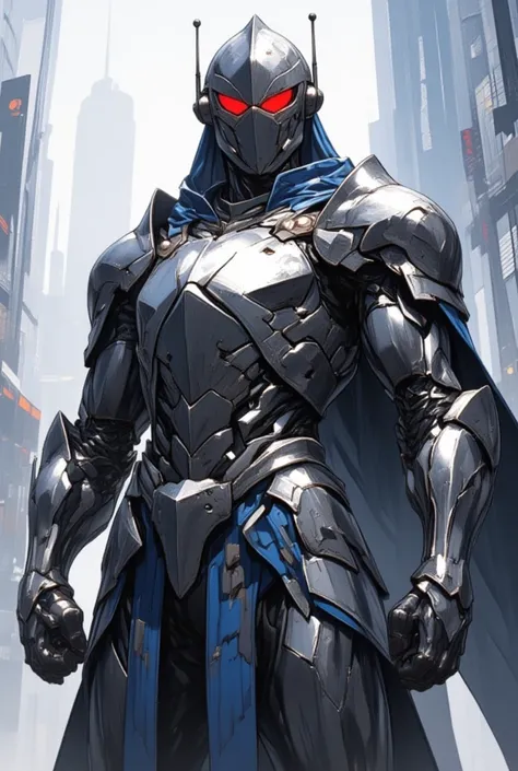 Illustrate a knight wearing sleek tight fitting armor that blends high-tech and medieval elements, shiny metal armor. His knight helmet has two antennae on the sides topped with balls. The armor is trimmed in blue. The helmet has a narrow solid red visor a...