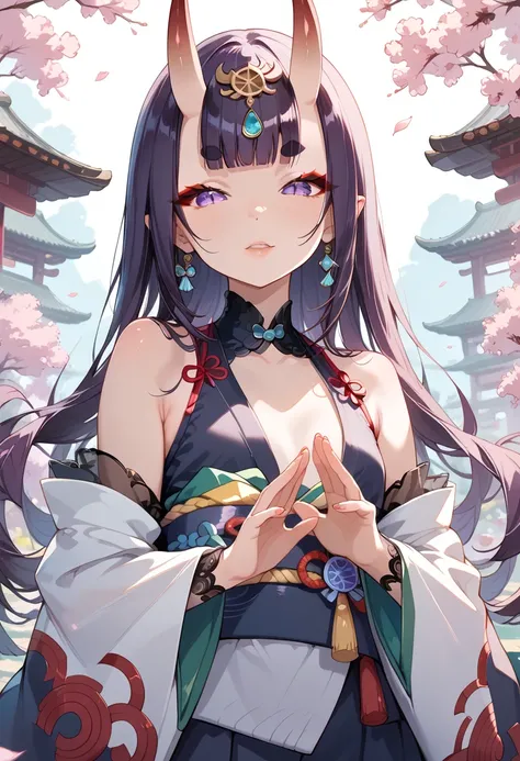 ((masterpiece, best quality, ultra detailed, high resolution, detailed facial description, perfect hands, perfect eyes)), (1 woman, solo), (oni, Shuten Doji, oni horns), (purple long hair, blunt bangs), (purple eyes, slit pupils, red eyeliner, round eyebro...