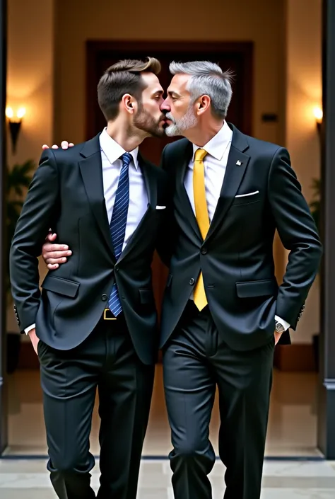 Handsome white man in his 40s with an elegant and well-kept posture dressed in a black suit with a blue striped tie carrying his arm and kissing a handsome white man dressed in a black suit and yellow tie walk together outside an elegant room