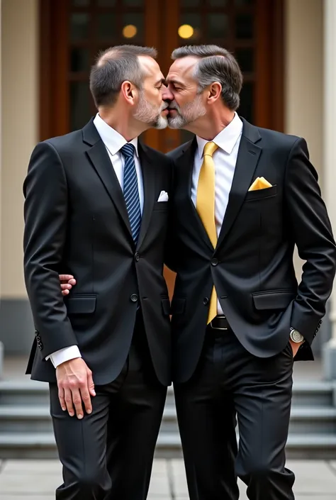 Handsome white man in his 40s with an elegant and well-kept posture dressed in a black suit with a blue striped tie carrying his arm and kissing a handsome white man dressed in a black suit and yellow tie walk together outside an elegant room