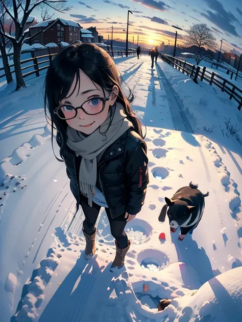 masterpiece，    high resolution，(   cute sow     ， Flat shade    )，    person with stylish glasses   ，      beautiful black hair  ，    fisheye lens  ， cute young mother and cute daughter     person looking down on the winter city from the park garden     :...