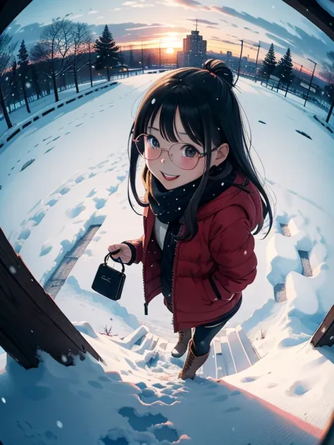 masterpiece，    high resolution，(   cute sow     ， Flat shade    )，    person with stylish glasses   ，      beautiful black hair  ，    fisheye lens  ， cute young mother and cute daughter     person looking down on the winter city from the park garden     :...