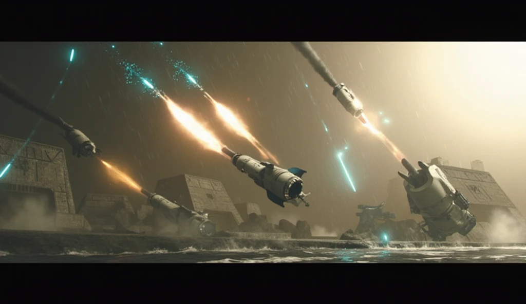 A medium shot frames a group of **missiles streaking side by side**, their glowing **cyan tips** and fiery exhaust trails carving parallel paths through the rain-drenched night sky.  

Below, the sprawling **H.A.P.S. facility** is visible, its brutalist wa...