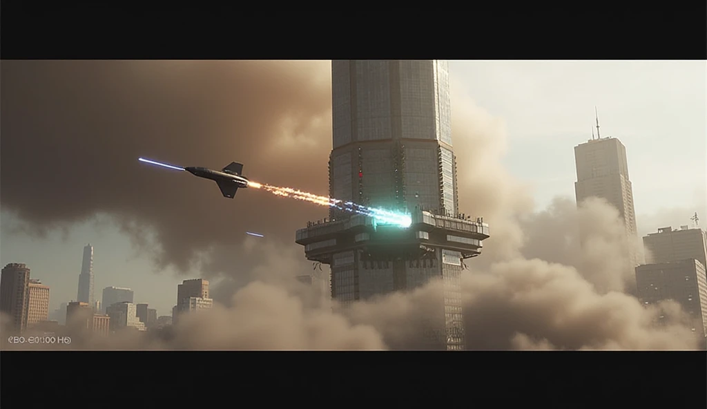 A wide shot shows a **cyan-tipped missile** closing in on the base of the towering **H.A.P.S. Tower**, its sleek reflective glass facade catching the faint glow of the missile’s fiery exhaust trail.  

In the foreground, the misty air is filled with streak...