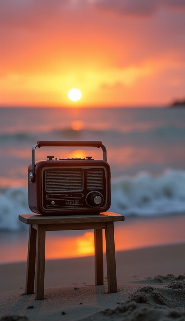 old radio at the Beach of the sea,put the radio on the small table,make the table at the right of the image the sun at sunset