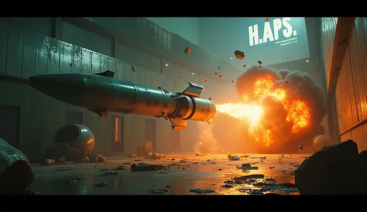 A close-up captures the moment a **cyan-tipped missile** slams into the **H.A.P.S. prison walls,** its glowing warhead detonating in a fiery **orange explosion** that sends chunks of **concrete and glowing debris** flying outward.  

The glowing **cyan con...