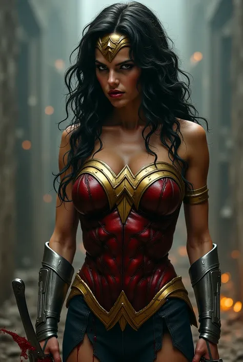 realistic, A very beautiful executioner superheroine wonder woman knife, cut throat A boy prisoner blindfold neck bloody splashed,  full body , open throat ,  throat contents