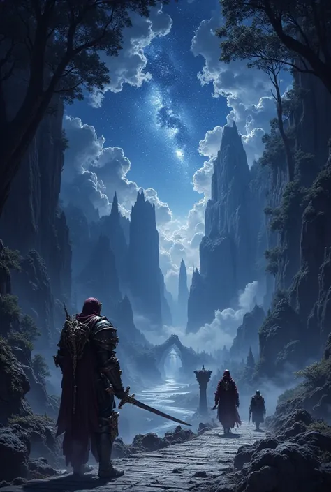  ( Fantasy )( A scene where a knight wearing a cool hood, a great wizard, and a female swordsman are traveling through a huge deep cliff valley)( fantasy、Beautiful river、Ancient riverside road、Wooden bridge、forest、Stone tablet、Stone statue、moss、ivy)(Beauti...