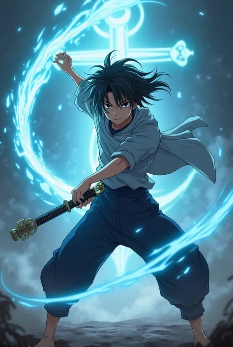 You can create an image of a boy from the Demon Slayer anime who has black hair with a katana made of anchor with aura of anchor doing an anchor attack 