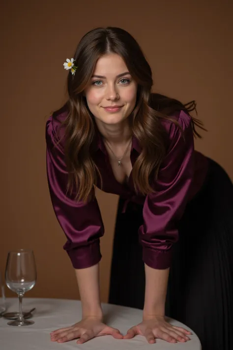      Realistic shot of a body portrait of a 24-year-old young German woman with long hair, For the Harry, single flower in hair  , Necklace, smile.      She bends playfully in front of the camera in a shiny     , Metallic dark purple blouse with black plea...