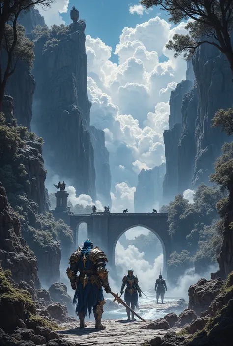  ( Fantasy )( A scene where a knight wearing a cool blue hood, a great wizard, and a female swordsman are traveling through a huge deep cliff valley)( fantasy、Beautiful river、Ancient riverside road、Wooden bridge、forest、Stone tablet、huge stone statue、moss、i...