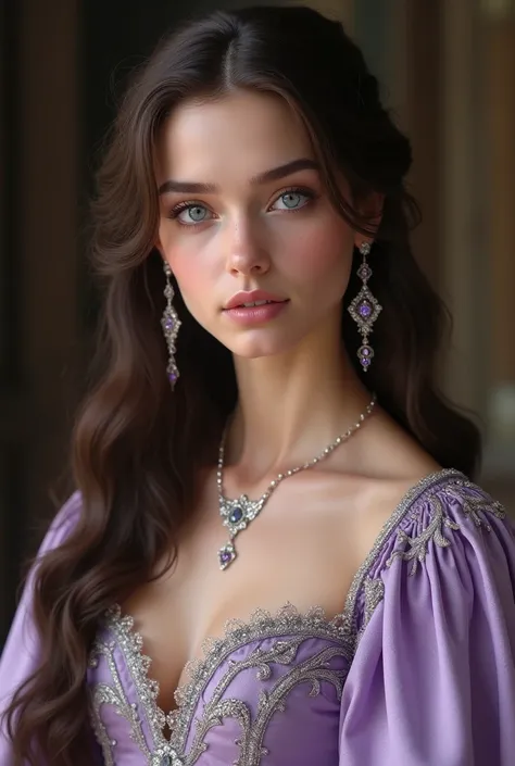 Medieval style. Most beautiful women in the Seven Kingdoms. A young noble woman with long, wavy dark chestnut brown hair that cascades gracefully down her back. Her skin is fair, with a smooth and porcelain-like complexion that hints at an aristocratic lin...