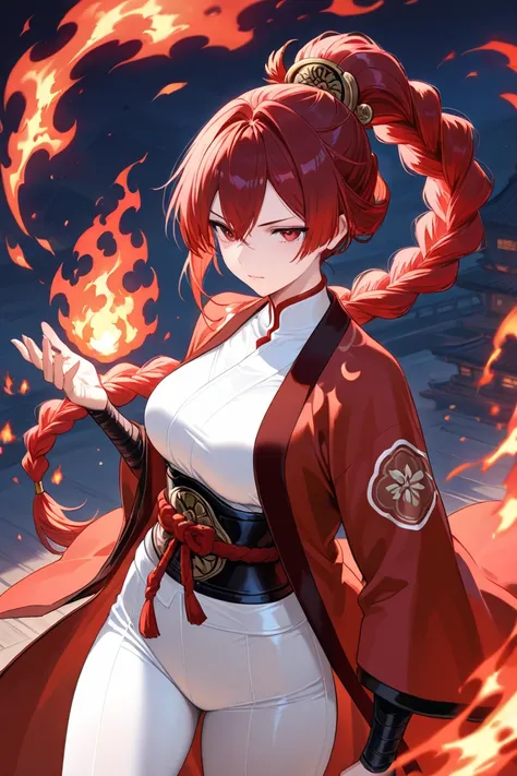  Female character ,  of red hair, dark red eyes, with a braided hairstyle,wearing a bright red Haori and tight clothing. with a sword covered with red fire in his hand