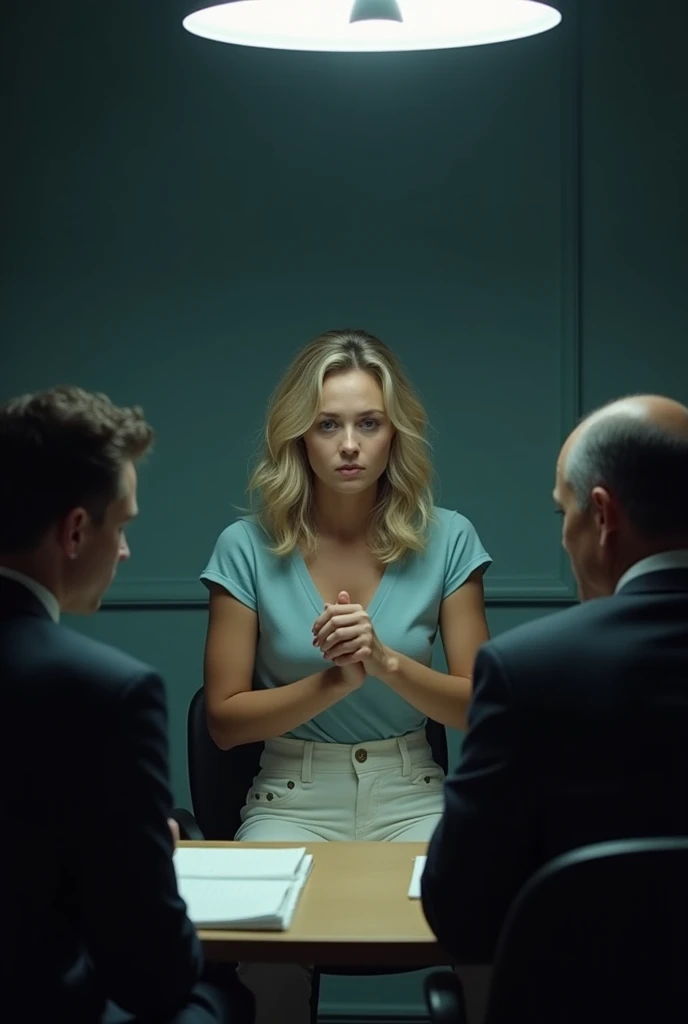 A distressed young woman with light skin and shoulder-length wavy blonde hair is sitting on a chair inside a dimly lit interrogation room. She is wearing a light blue short-sleeved T-shirt and high-waisted white pants. Her expression is filled with despera...