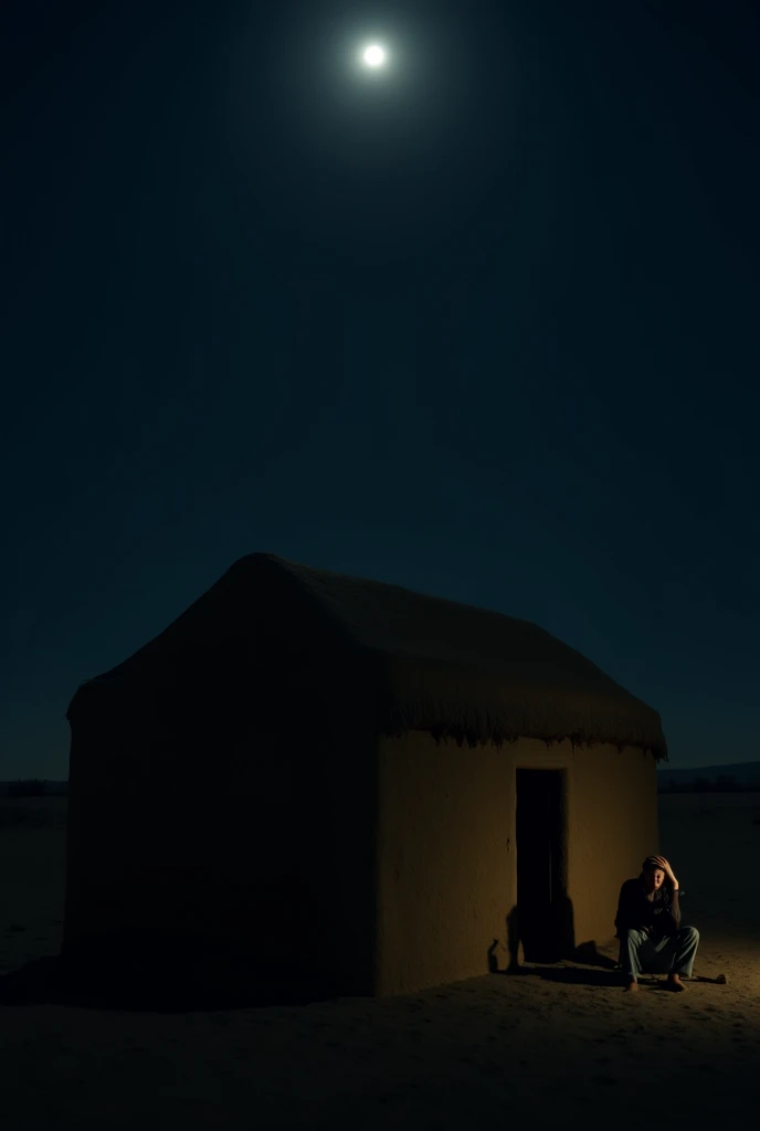 The night falls on the poor man's house : . The exterior scene of a simple mud house is surrounded by a silent desert. .  The moonlight reflects the shadows. The man sits in front of the house with his hands on his head, as if he is thinking about how to r...