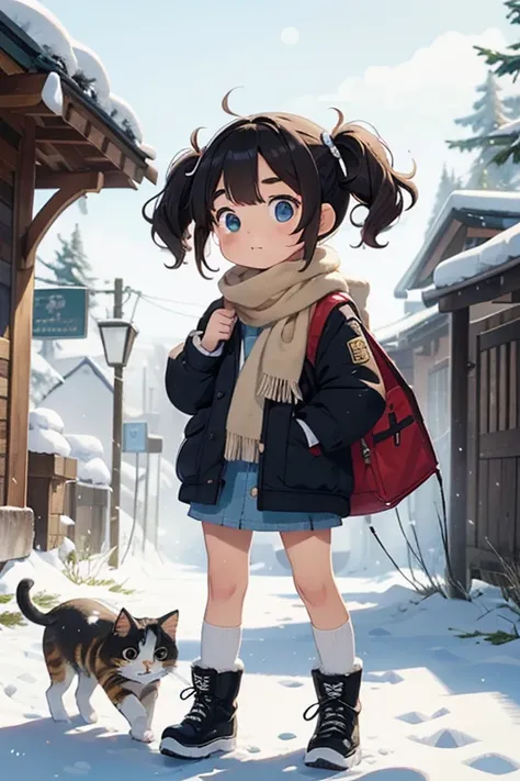 masterpiece ,      ，      cute doodle      ，      funny, Excellent, S，Short length，   curly hair   ，      Twin Tails，      BRIGHT    ，      curious eyes      ，Freckles，      thick eyebrows，       warm scarf       ，       down jacket   ，長袖のShort white T-Shi...