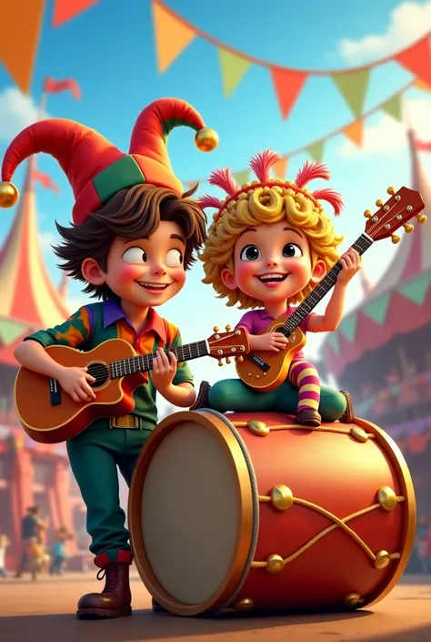 Create a boy with a guitar and a girl with a drum disguised as carnival