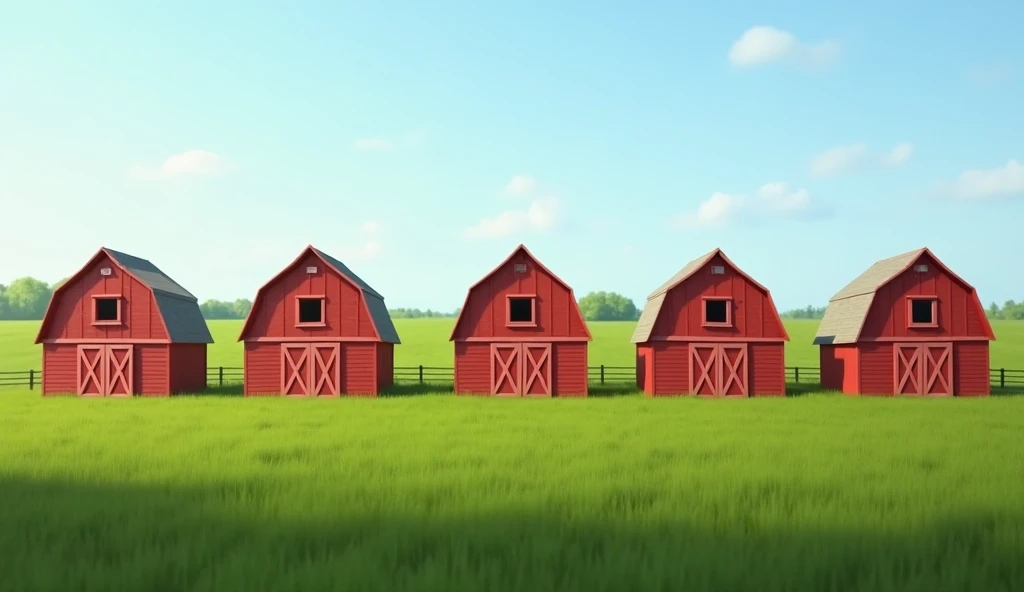 "A rural setting during the day ,  with vast green fields and six well-aligned barns .  Each barn has a classic red wood design with triangular roofs. The sky is light blue,  and a rich, happy family is reunited in the distance ,  smiling."