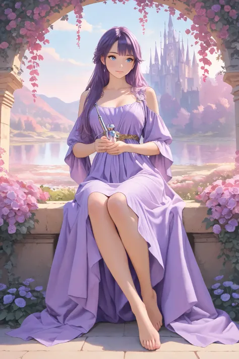 
Beautiful girl in a purple dress, fantasy style, fantasy background, pastel colors, purple hair, blue eyes, sitting on the terrace of an enchanted castle surrounded by flowers and ivy, a lake with mountains in the distance, in the style of fantasy art, pa...