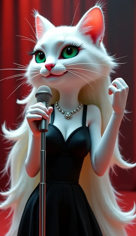  [8/29, 2:] mehreeshajavaidkhan:  Generate an image of a white, smooth cat laughing ,  dressed in a modern black dress and high red heels with penetrating green eyes and a pink nose ,  moving a hand through her long white hair .  Her fur is styled in loose...