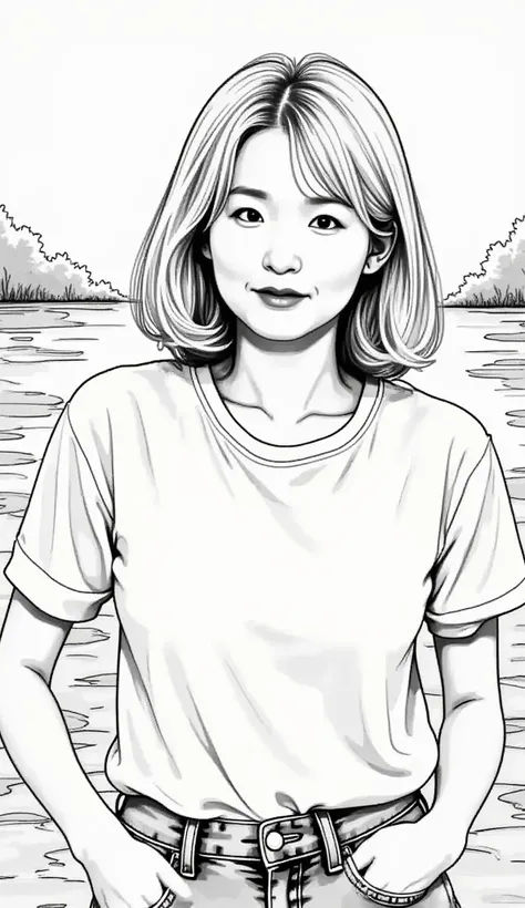  black and white line art、A girl against a background of blooming water lilies in the river, Lori , Delicate ink line drawings,  comic style , Portrait of a Proenesian girl, Marilyn Munro, Hollywood glamour, Beautiful line art, black and white  comic style...