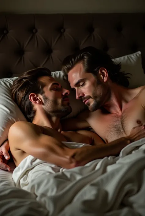 Handsome mature man in his 40s having sex with his husband, a handsome young man in his 30s with long brown hair , Lying in bed in a luxury room and at night