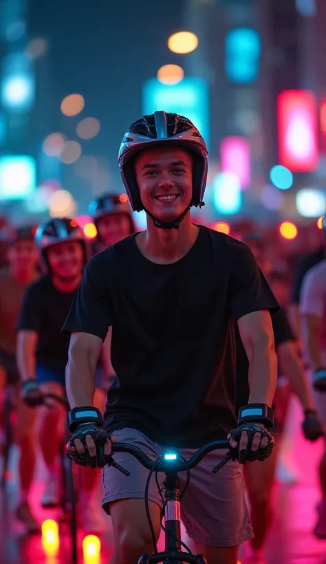 massive group of 24-year-old people smiling, pretty-faced group , using skates, black t-shirts, bright luminous helmet and protections , brightly colored wheels , Invading the city at night