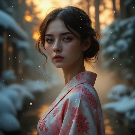  An award-winning 70s style analog photo 。Beautiful Japanese woman、 Quiet contemplation .  she says 、 Standing gracefully at the edge of a quiet Japanese winter hot spring ,  crane, and、 soft pink  , , Money and.  The snowflakes are gently fluttering aroun...