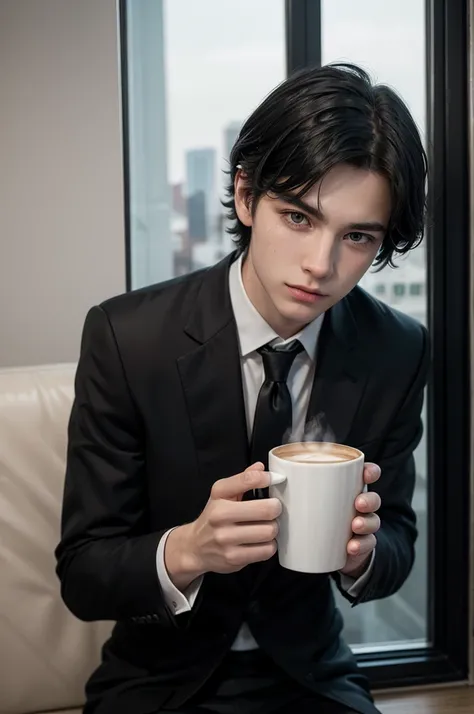 a young white man ,  with black hair, Very black suit dress,  black tie and white shirt,  inside a room of a white lounge ,  looking out the window of the city and holding a cup of coffee
