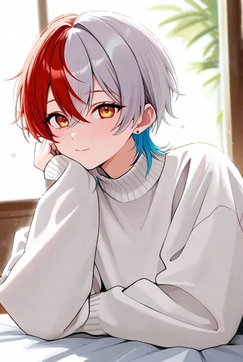 A boy in a white sweater, two color hair.
